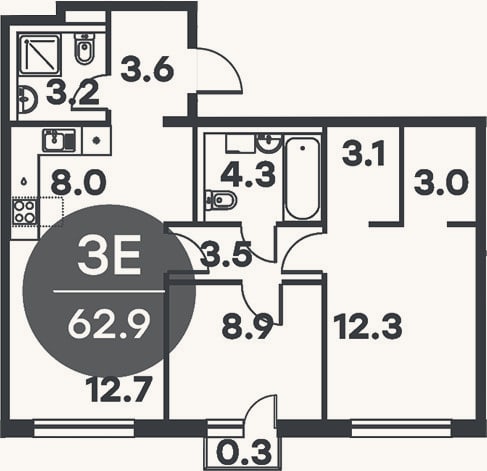 Планировка: 3-к, 62,6 м²