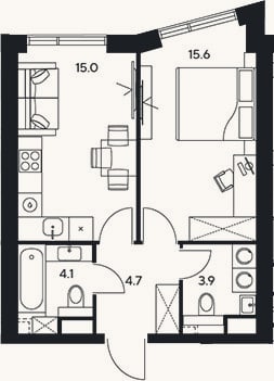 Планировка: 1-к, 43,3 м²