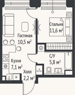 Планировка: 2-к, 37,2 м²