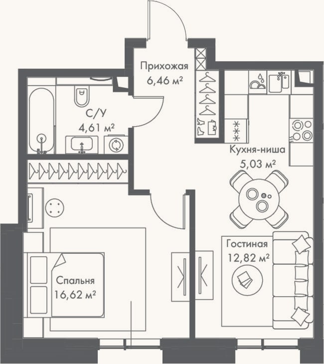 Планировка: 2-к, 45,5 м²