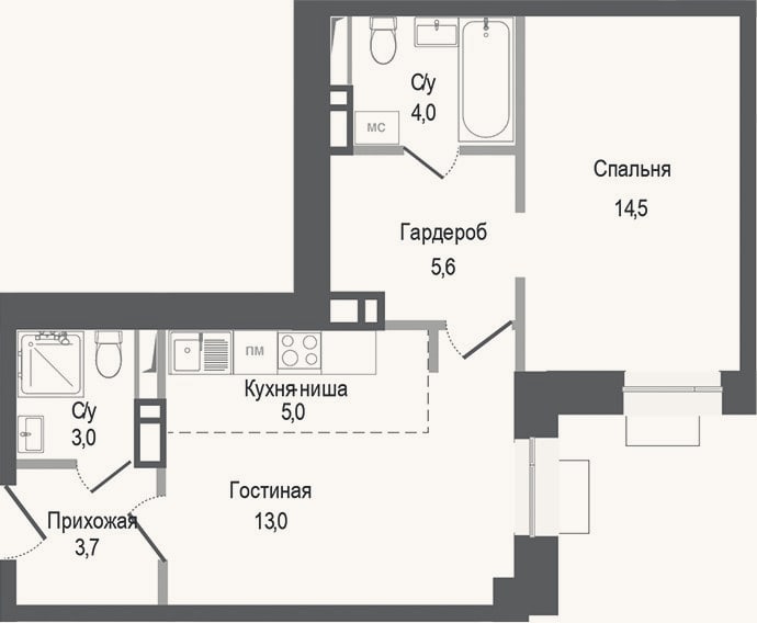Планировка: 2-к, 48,8 м²