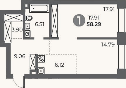 Планировка: 1-к, 58,3 м²