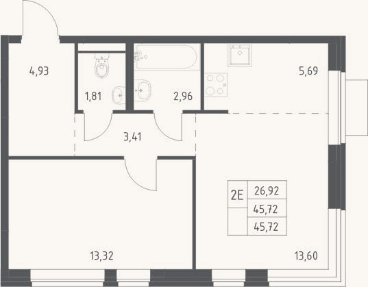 Планировка: 2-к, 45,7 м²