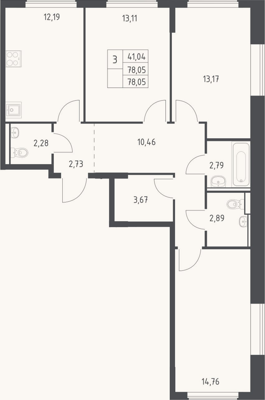 Планировка: 3-к, 78,1 м²