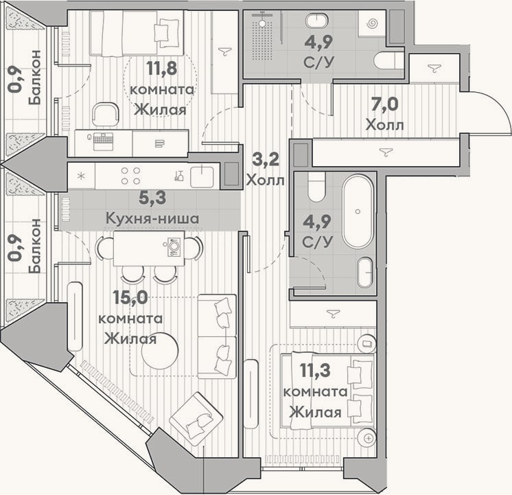 Планировка: 3-к, 63,4 м²