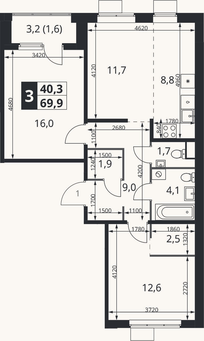 Планировка: 3-к, 68,3 м²