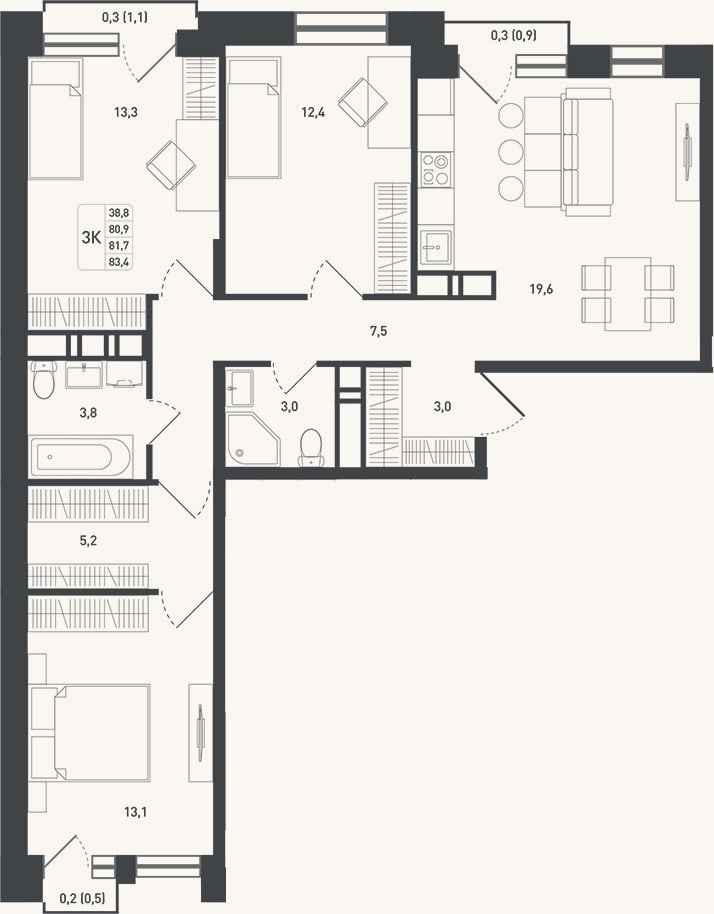 Планировка: 3-к, 85,9 м²