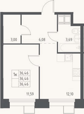Планировка: 1-к, 36,5 м²