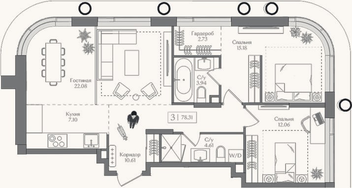 Планировка: 3-к, 78,3 м²