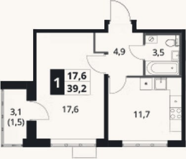 Планировка: 1-к, 37,7 м²