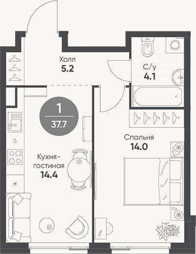 Планировка: 2-к, 37,7 м²