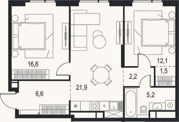 Планировка: 3-к, 66,1 м²