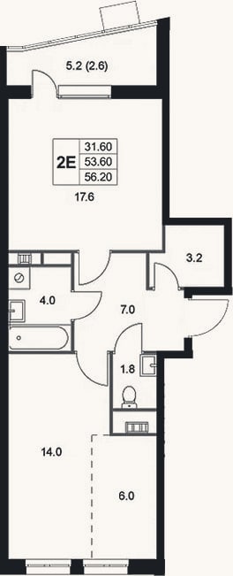 Планировка: 2-к, 53,6 м²