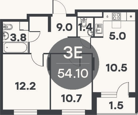 Планировка: 3-к, 52,6 м²