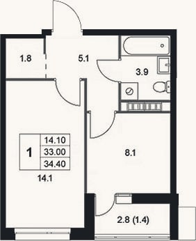 Планировка: 1-к, 33 м²