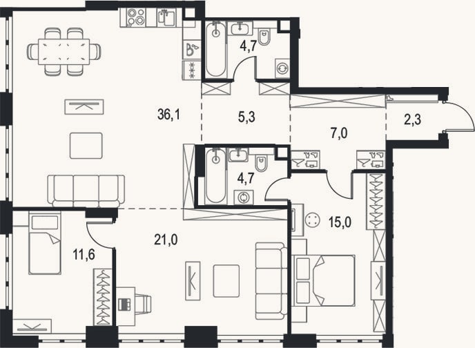 Планировка: 4+ к, 107,7 м²