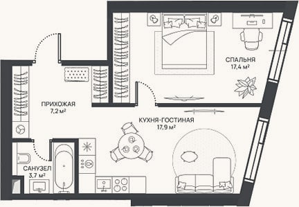 Планировка: 2-к, 46,2 м²