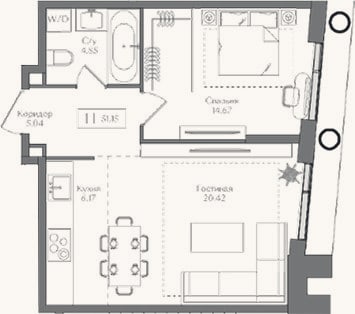 Планировка: 2-к, 51,2 м²