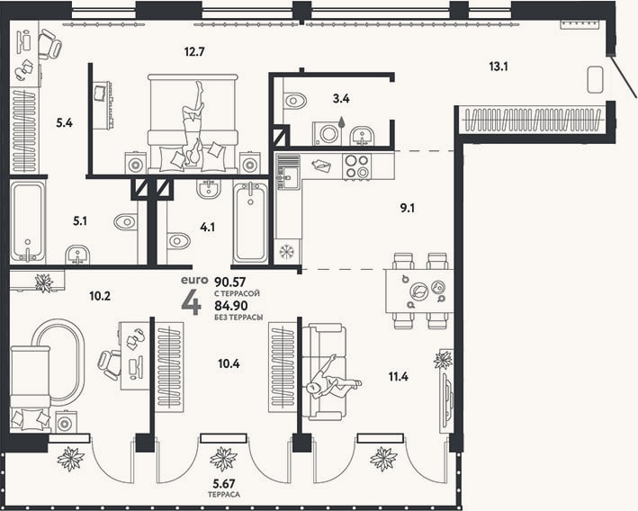 Планировка: 4+ к, 84,9 м²