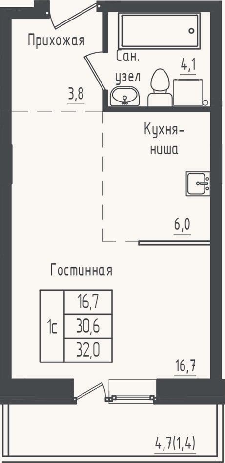 Планировка: Студия, 30,6 м²