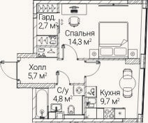 Планировка: 1-к, 37,2 м²