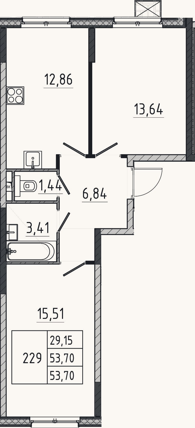 Планировка: 2-к, 53,7 м²