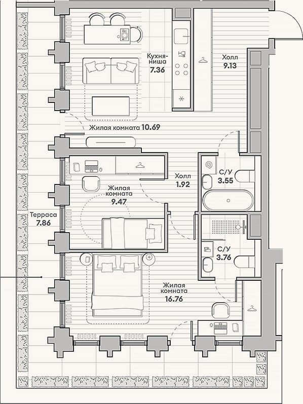 Планировка: 3-к, 62,6 м²