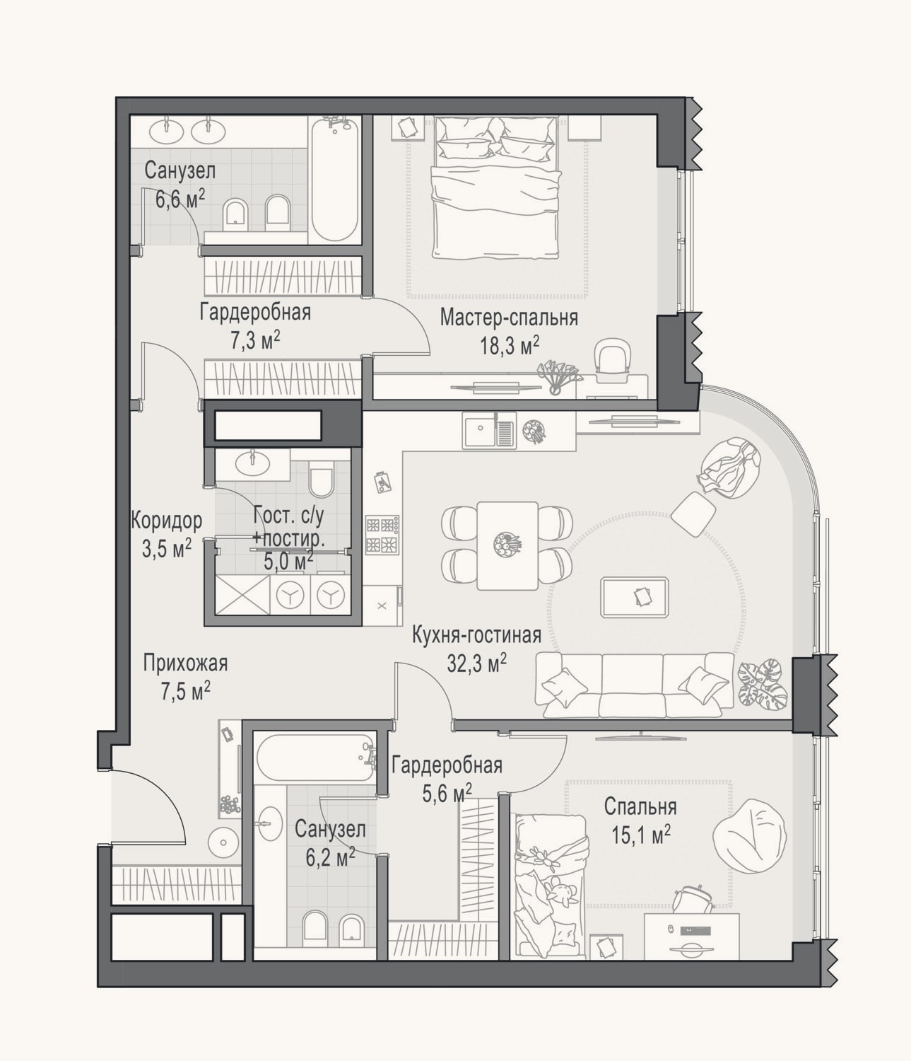 Планировка: 2-к, 108 м²
