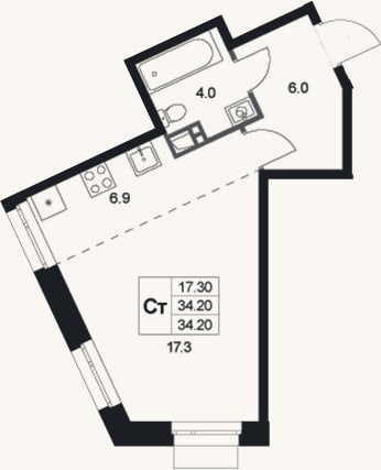 Планировка: Студия, 34,2 м²