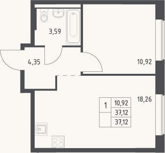 Планировка: 2-к, 37,1 м²