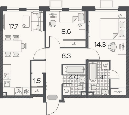 Планировка: 3-к, 58,5 м²