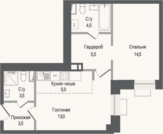 Планировка: 2-к, 49,5 м²