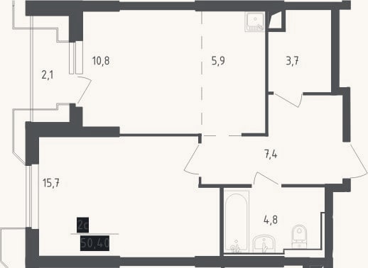 Планировка: 2-к, 48,3 м²