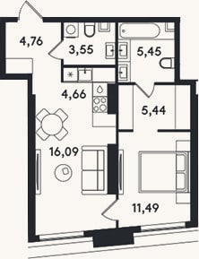 Планировка: 2-к, 51,4 м²