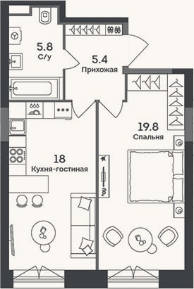 Планировка: 2-к, 49 м²