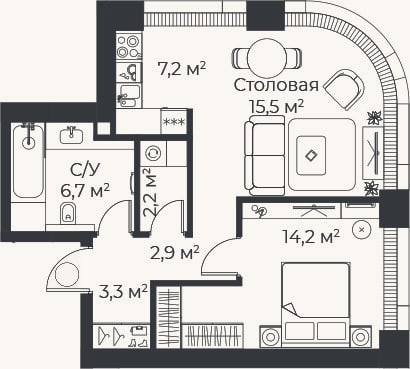Планировка: 2-к, 52 м²