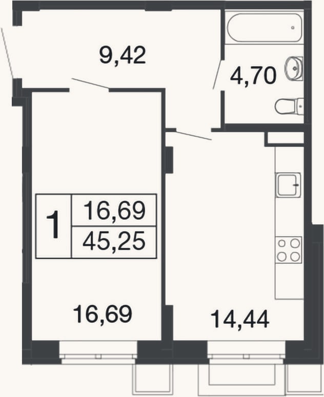 Планировка: 1-к, 45,3 м²