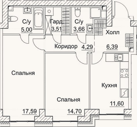 Планировка: 2-к, 66,7 м²