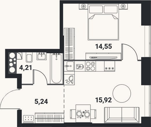Планировка: 2-к, 39,9 м²
