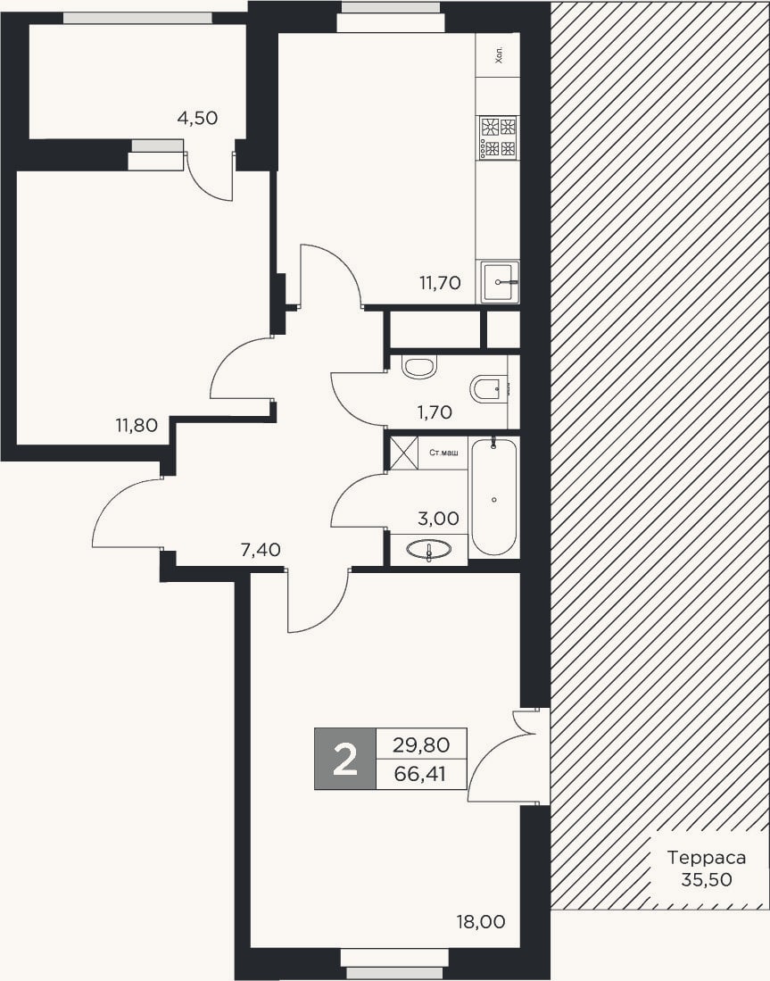 Планировка: 2-к, 53,5 м²