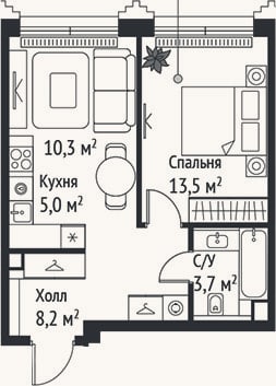 Планировка: 2-к, 40,7 м²