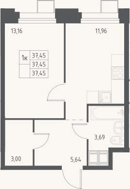 Планировка: 1-к, 37,5 м²