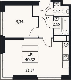 Планировка: 1-к, 40,3 м²