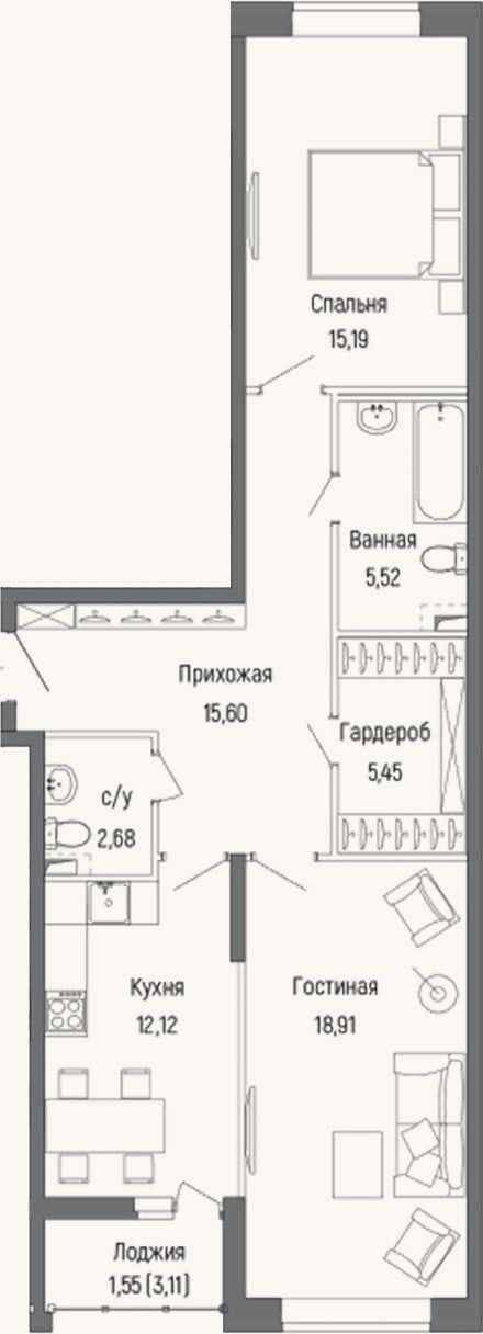 Планировка: 2-к, 75,5 м²