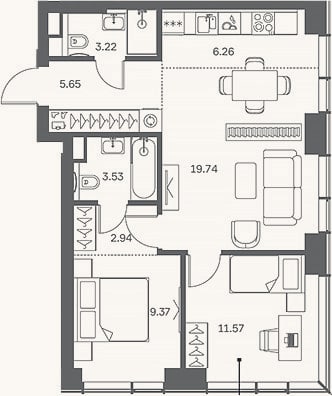 Планировка: 3-к, 62,3 м²