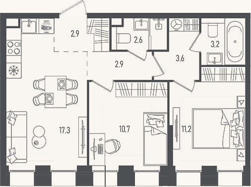 Планировка: 3-к, 54,4 м²