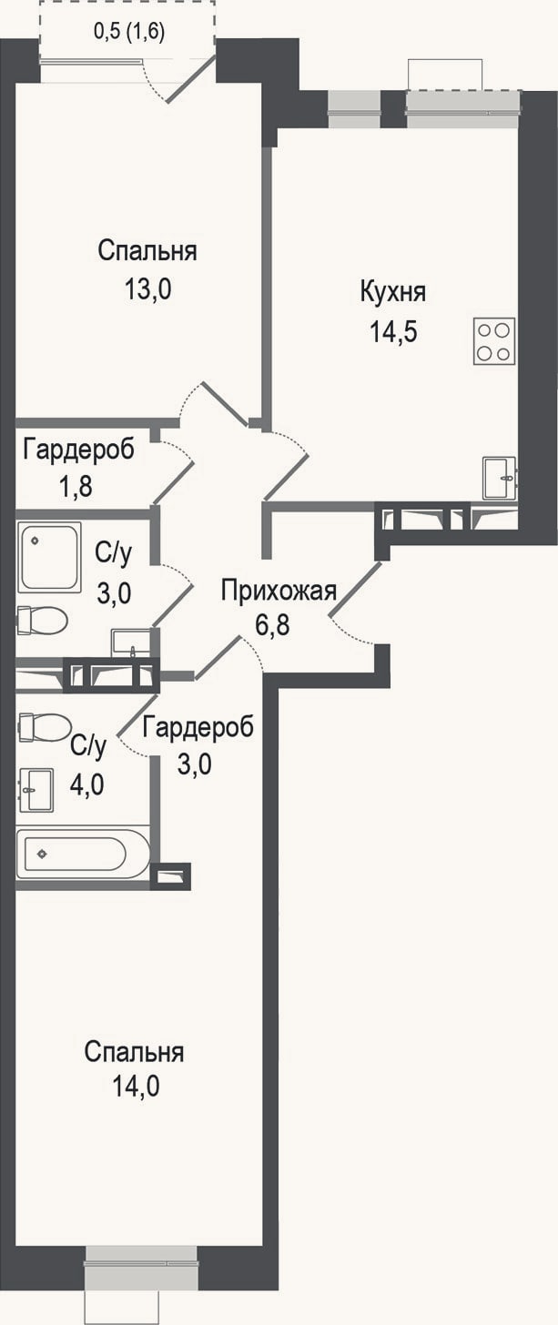 Планировка: 2-к, 60,1 м²