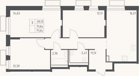 Планировка: 3-к, 71,6 м²