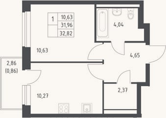 Планировка: 1-к, 32 м²