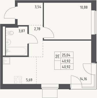 Планировка: 2-к, 40,9 м²
